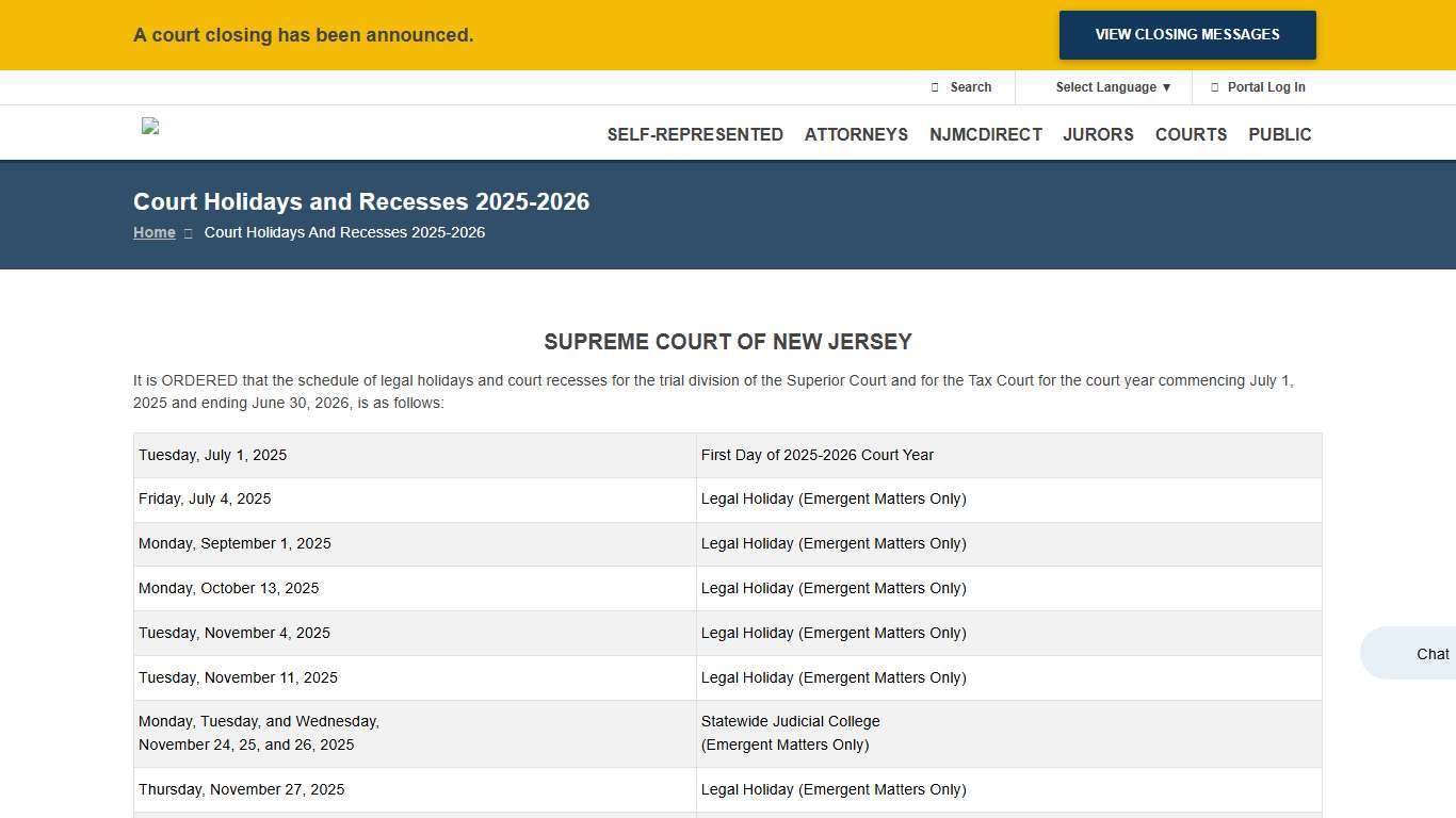 Court Holidays and Recesses 2025-2026 NJ Courts